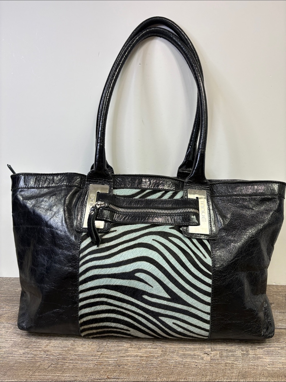 Innue Genuine Leather Zebra Print Tote Shoulder Bag Black